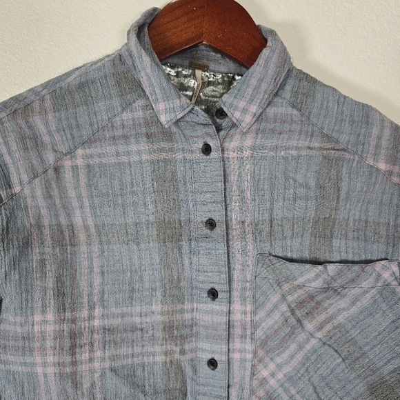 Free People Cutie Metallic Plaid Blue Dolman Cropped Button Down Boho‎ Chic XS - Picture 6 of 10